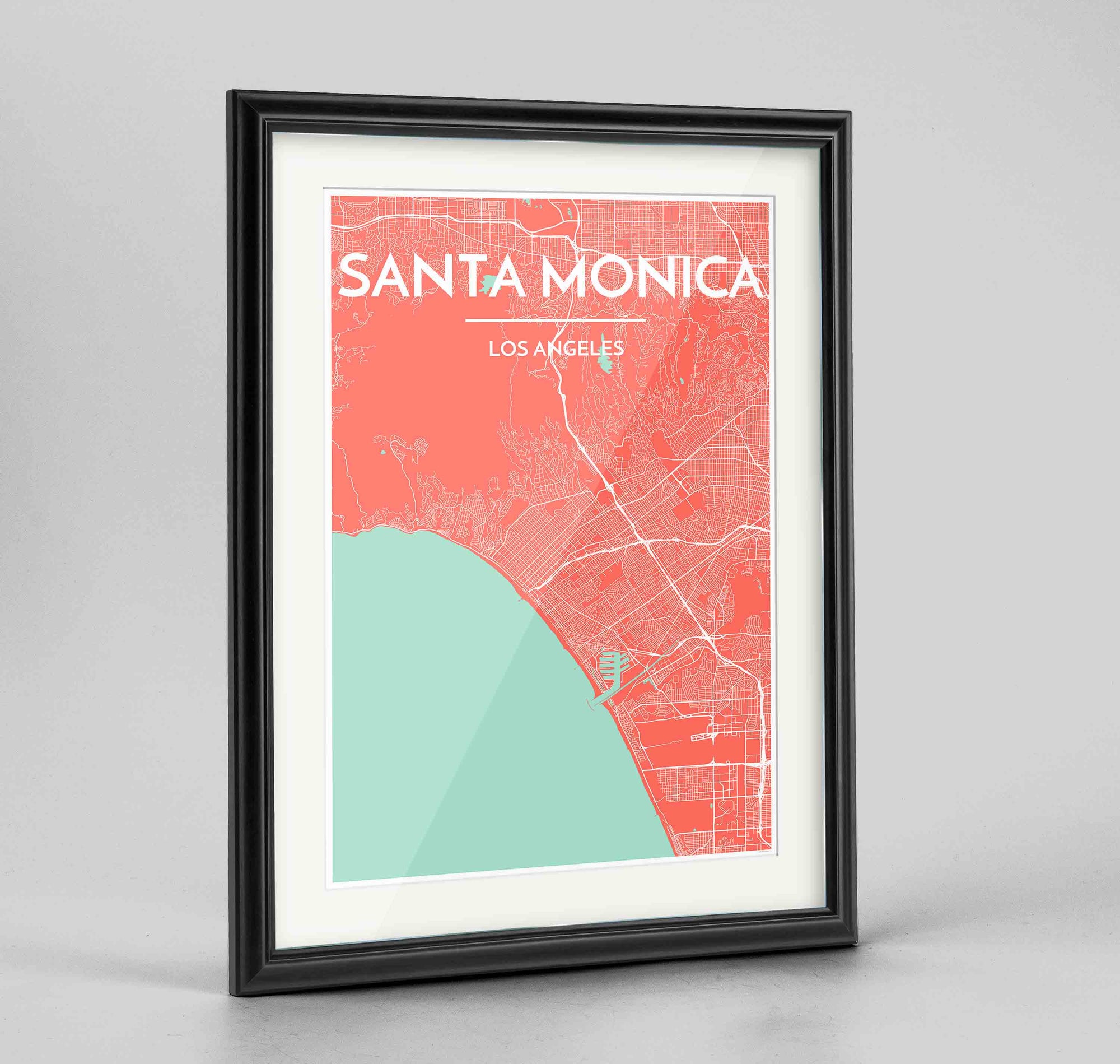 Framed Santa Monica Map Art Print 24x36" Traditional Black frame Point Two Design Group