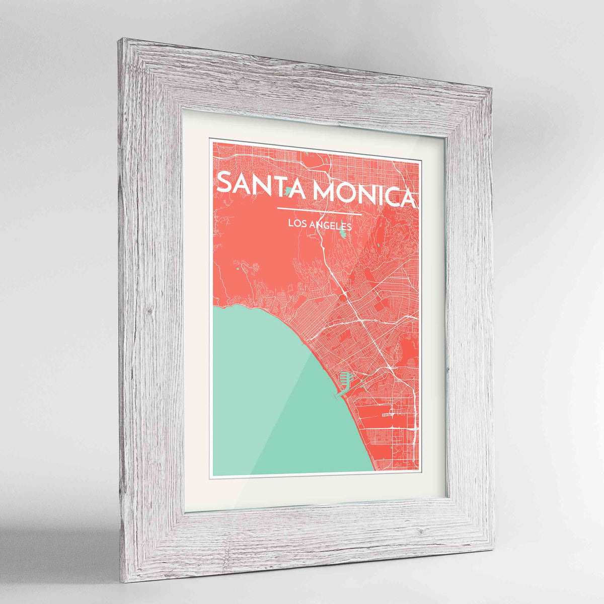 Framed Santa Monica Map Art Print 24x36&quot; Western White frame Point Two Design Group