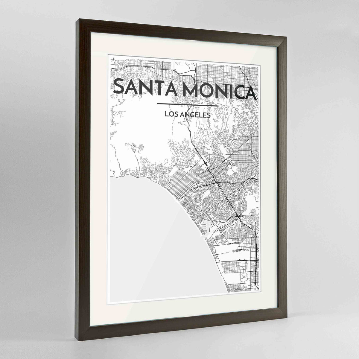 Framed Santa Monica Map Art Print 24x36&quot; Contemporary Walnut frame Point Two Design Group