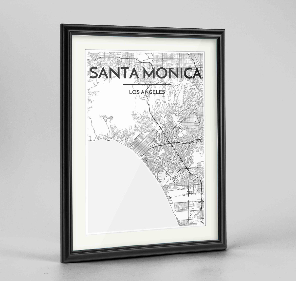 Framed Santa Monica Map Art Print 24x36&quot; Traditional Black frame Point Two Design Group