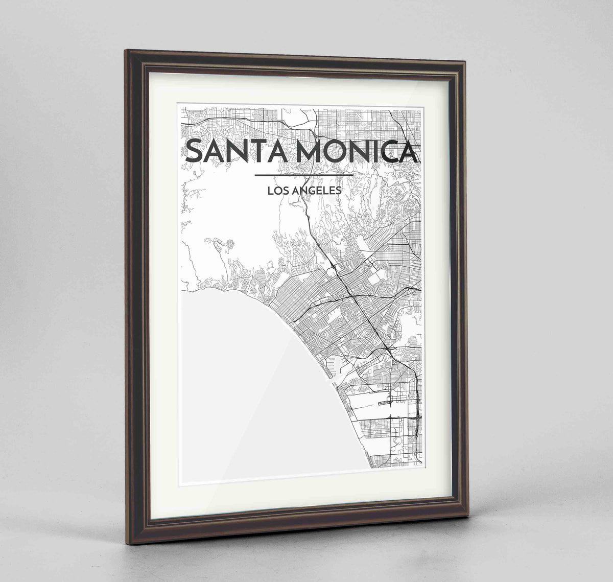 Framed Santa Monica Map Art Print 24x36&quot; Traditional Walnut frame Point Two Design Group