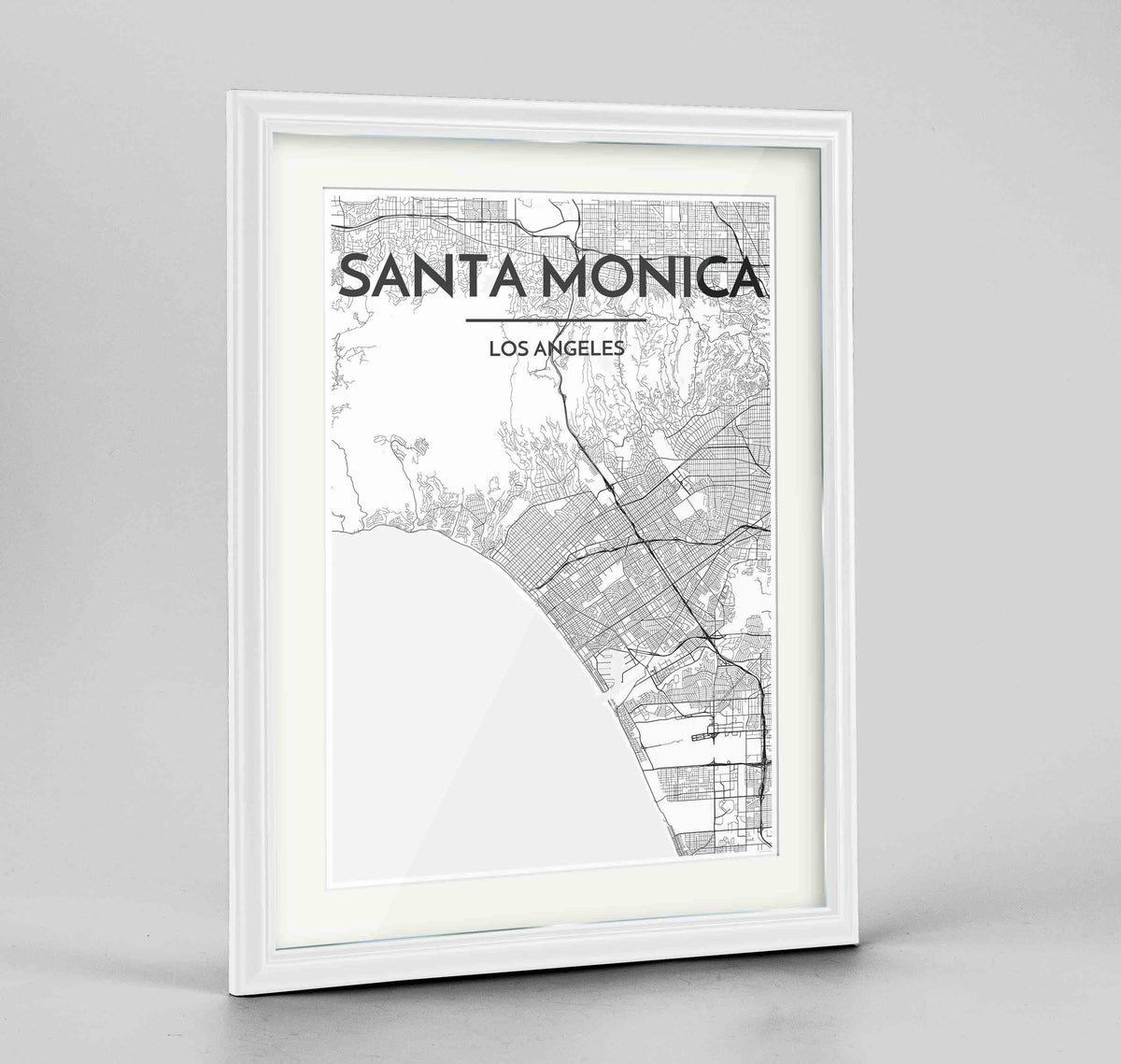 Framed Santa Monica Map Art Print 24x36&quot; Traditional White frame Point Two Design Group
