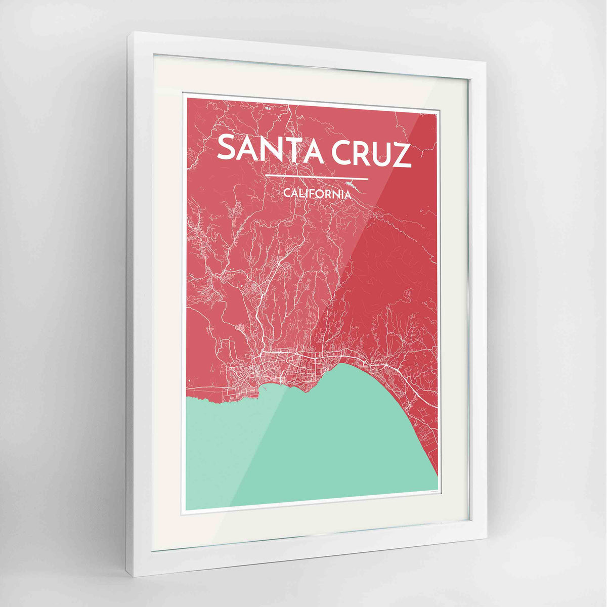 Framed Santa Cruz Map Art Print 24x36&quot; Contemporary White frame Point Two Design Group