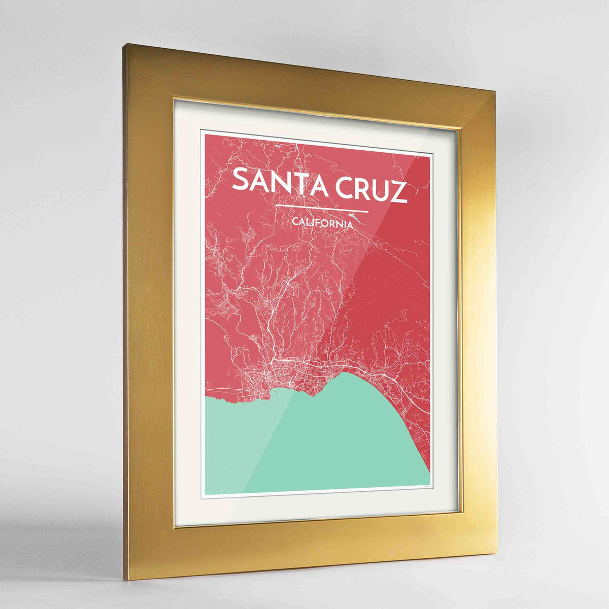 Framed Santa Cruz Map Art Print 24x36&quot; Gold frame Point Two Design Group