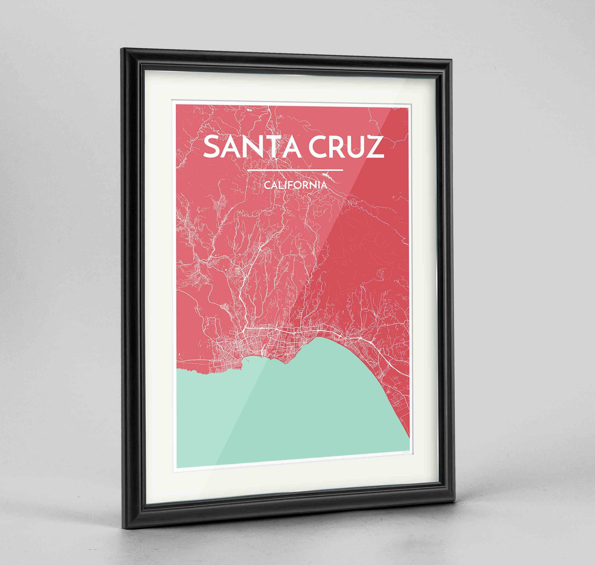 Framed Santa Cruz Map Art Print 24x36" Traditional Black frame Point Two Design Group