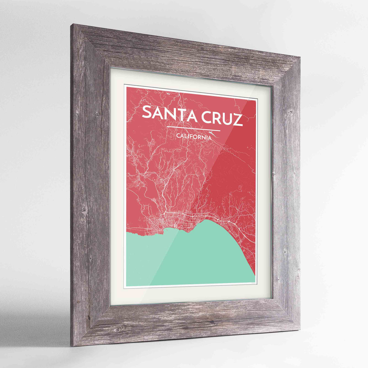 Framed Santa Cruz Map Art Print 24x36&quot; Western Grey frame Point Two Design Group