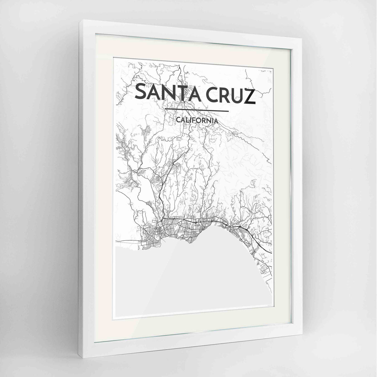 Framed Santa Cruz Map Art Print 24x36&quot; Contemporary White frame Point Two Design Group