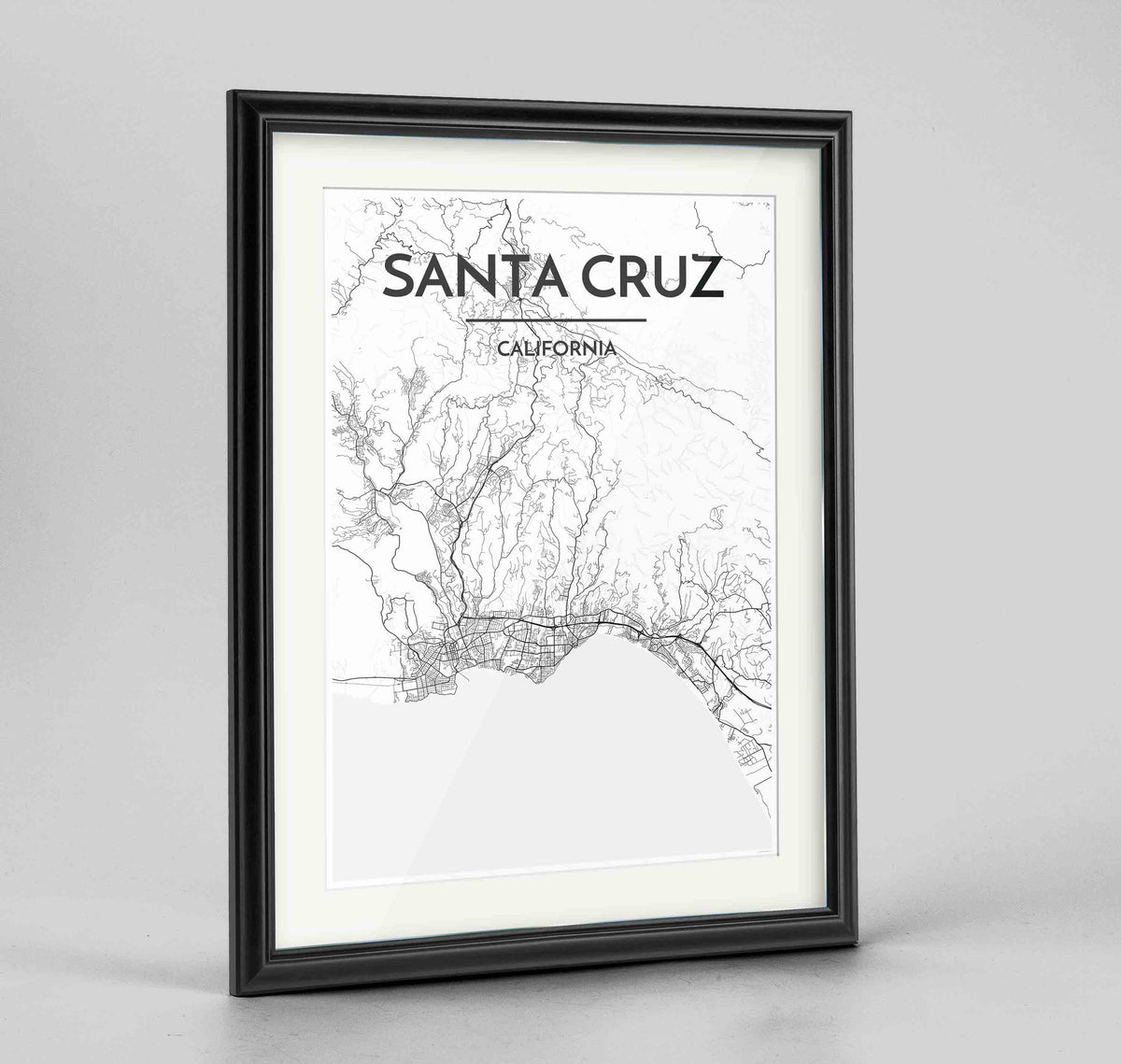 Framed Santa Cruz Map Art Print 24x36&quot; Traditional Black frame Point Two Design Group