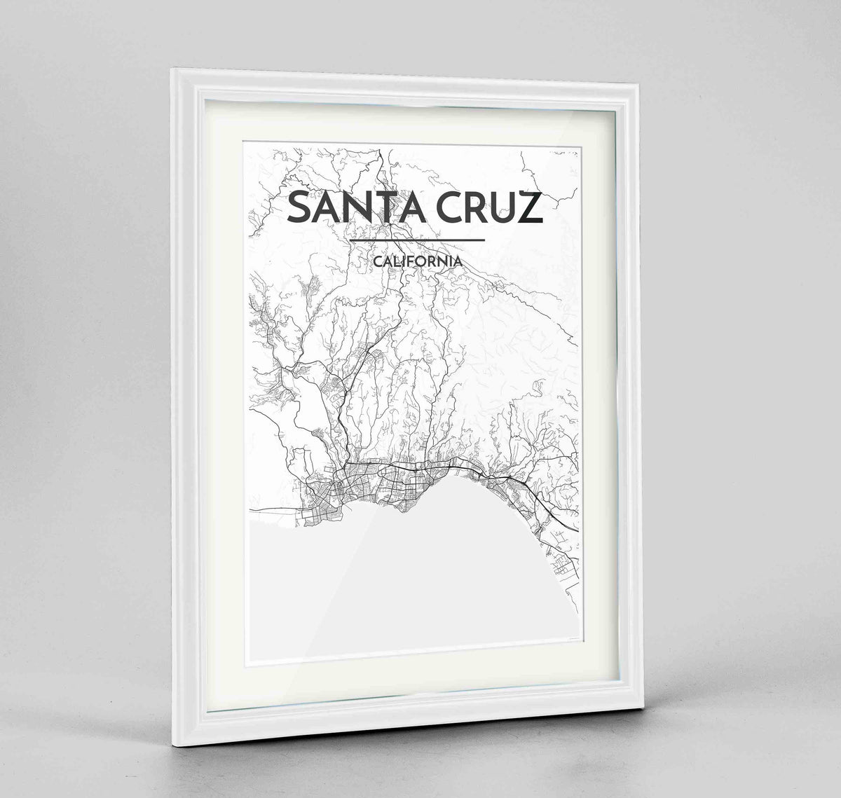 Framed Santa Cruz Map Art Print 24x36&quot; Traditional White frame Point Two Design Group