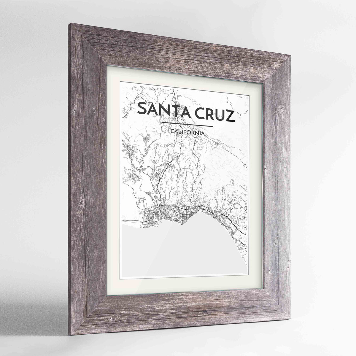 Framed Santa Cruz Map Art Print 24x36&quot; Western Grey frame Point Two Design Group