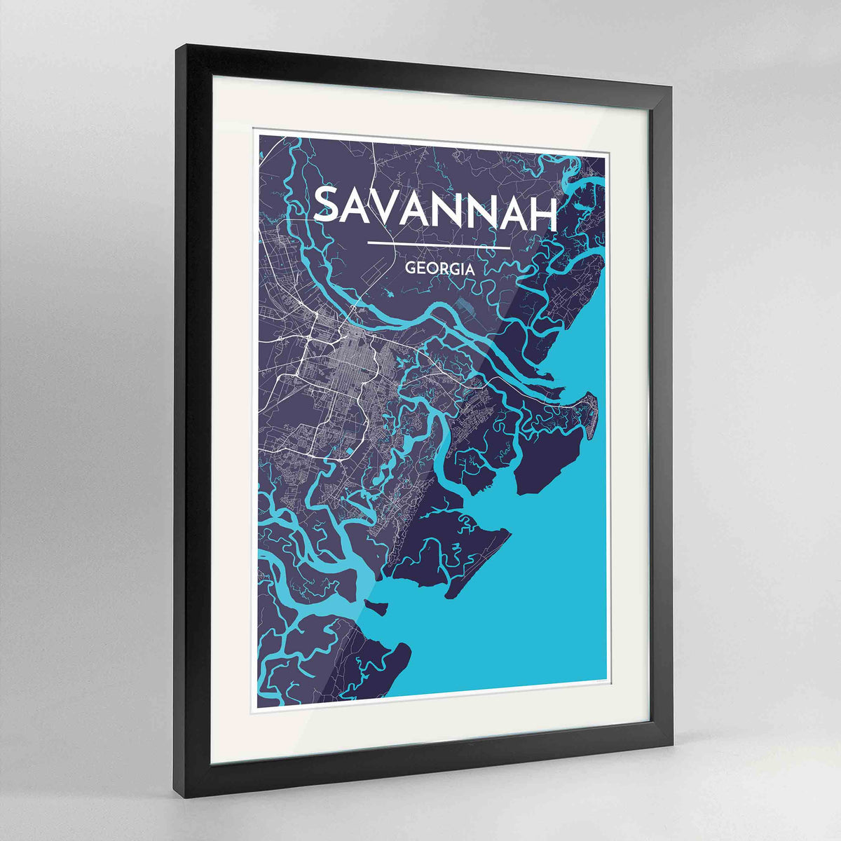 Framed Savannah Map Art Print 24x36&quot; Contemporary Black frame Point Two Design Group