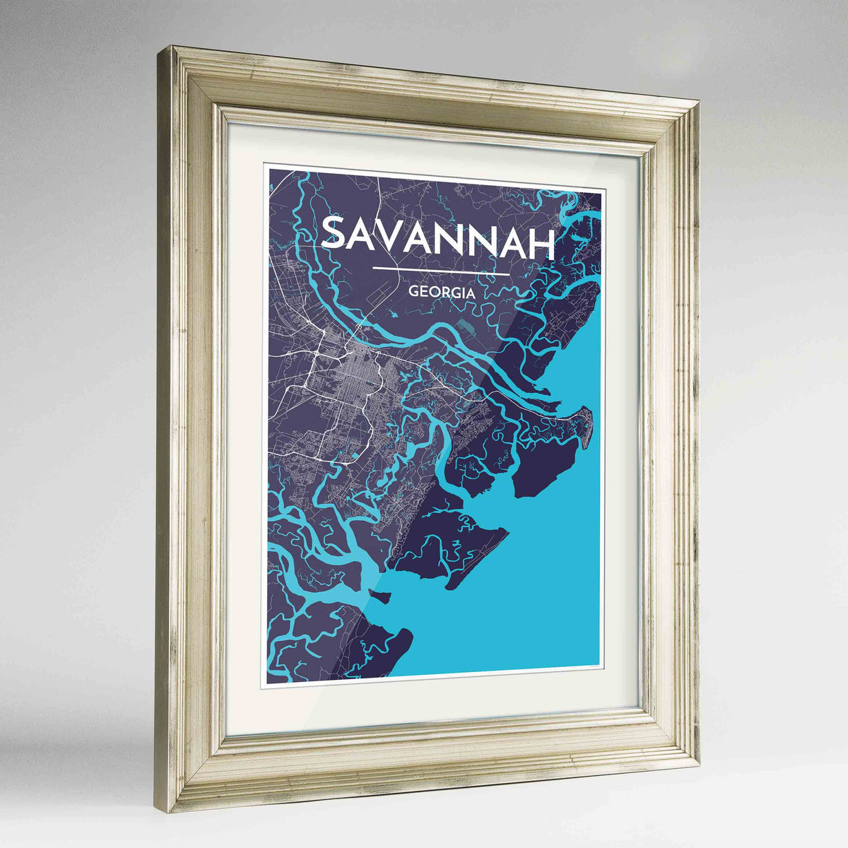Framed Savannah Map Art Print 24x36&quot; Champagne frame Point Two Design Group