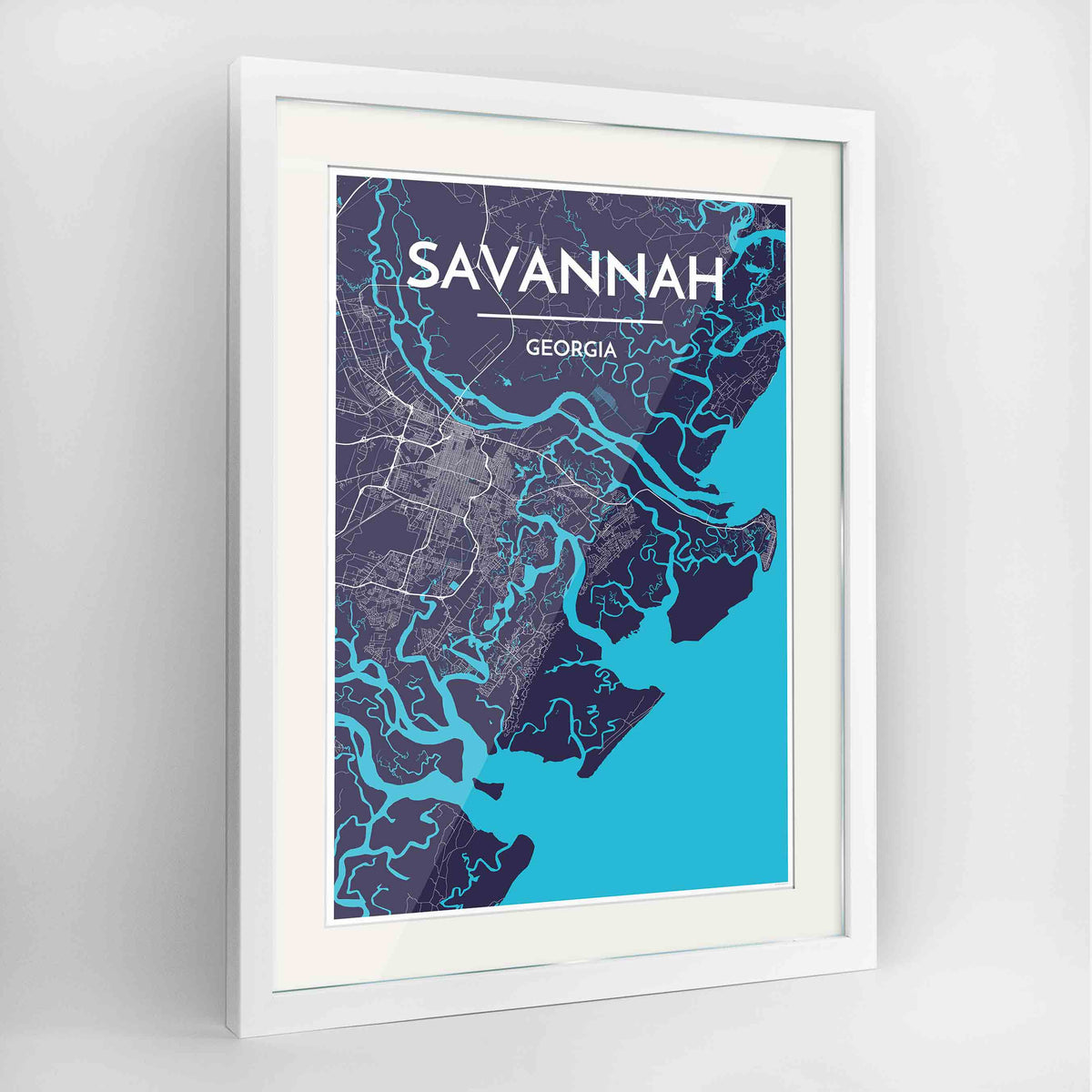 Framed Savannah Map Art Print 24x36&quot; Contemporary White frame Point Two Design Group