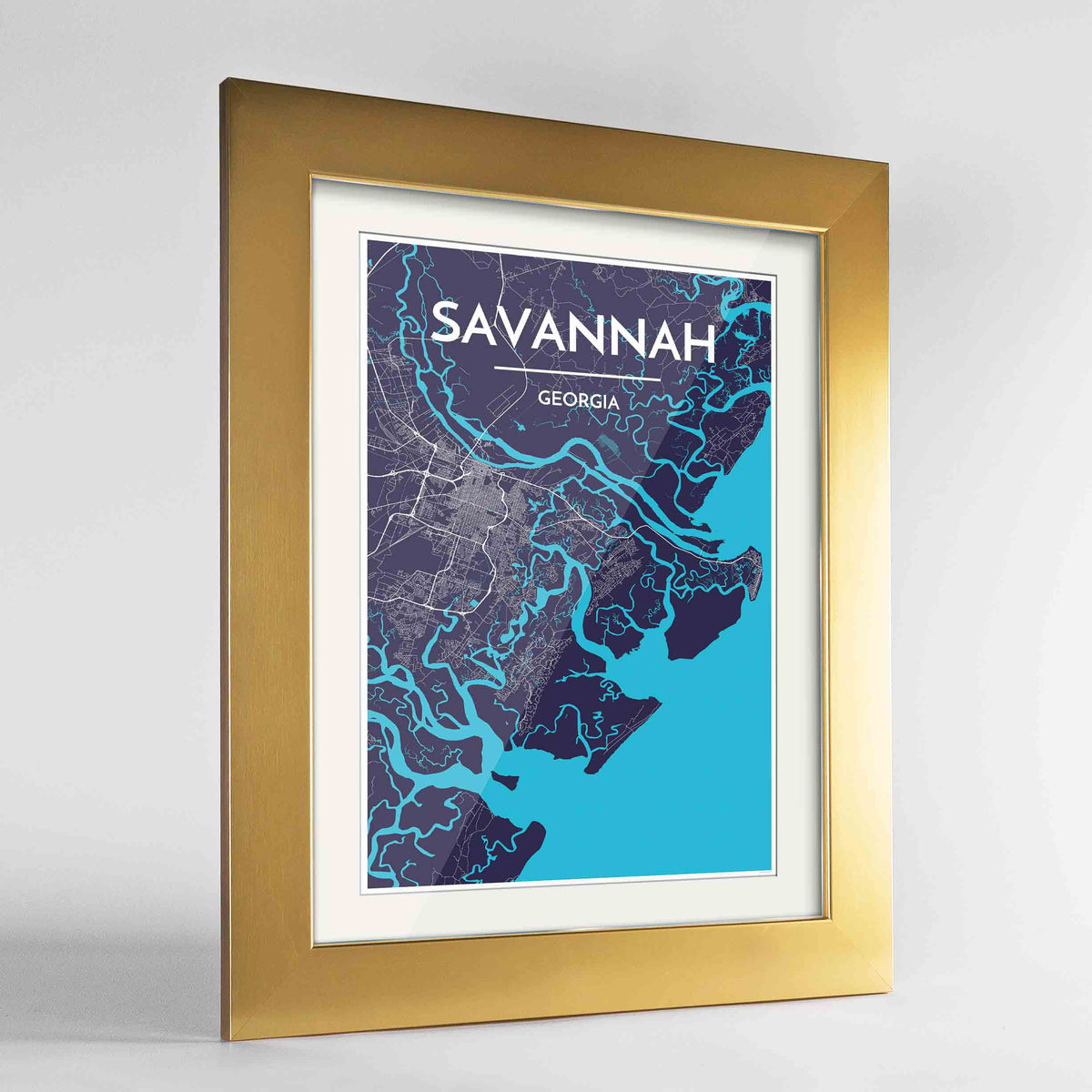 Framed Savannah Map Art Print 24x36&quot; Gold frame Point Two Design Group