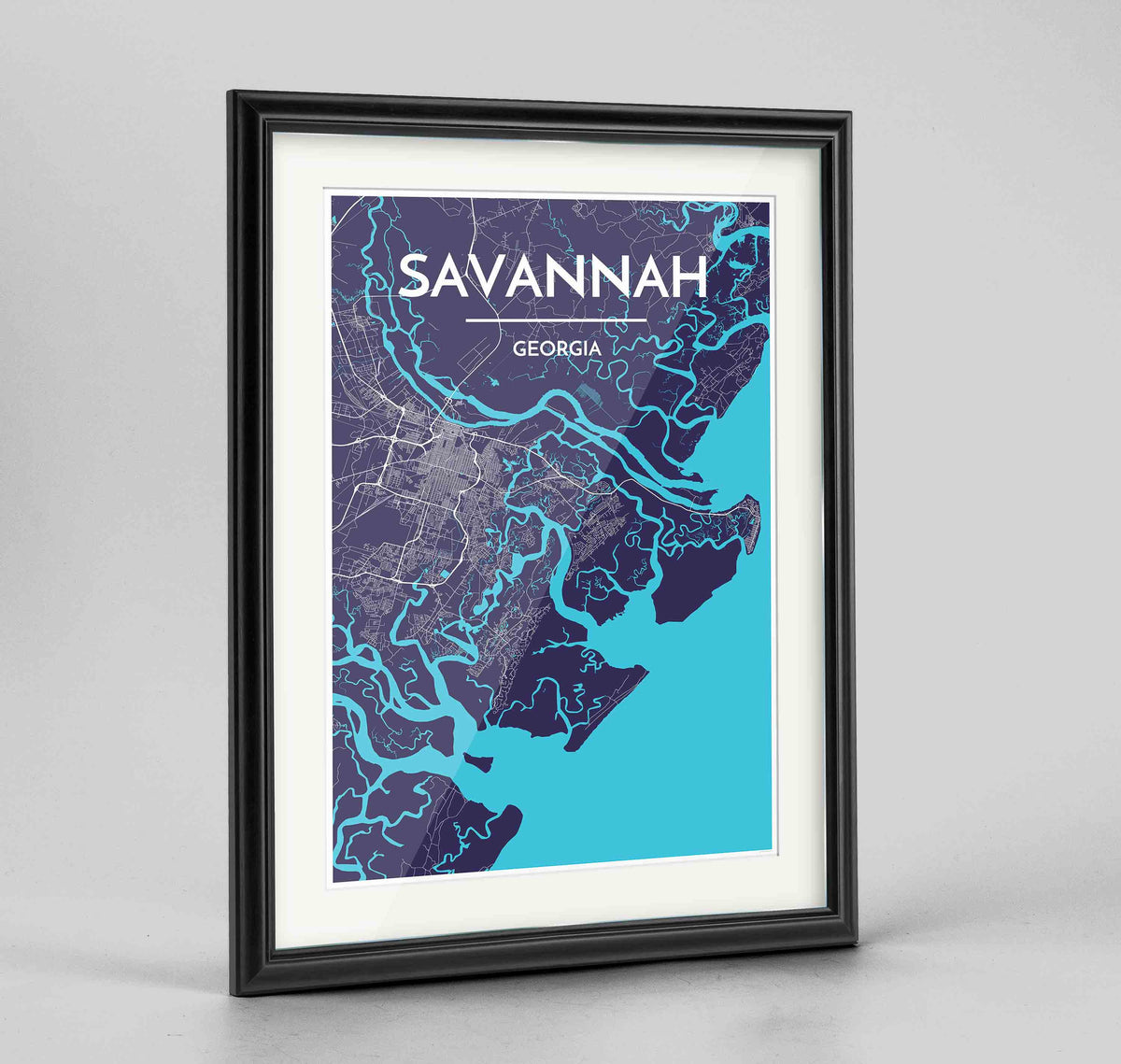 Framed Savannah Map Art Print 24x36&quot; Traditional Black frame Point Two Design Group