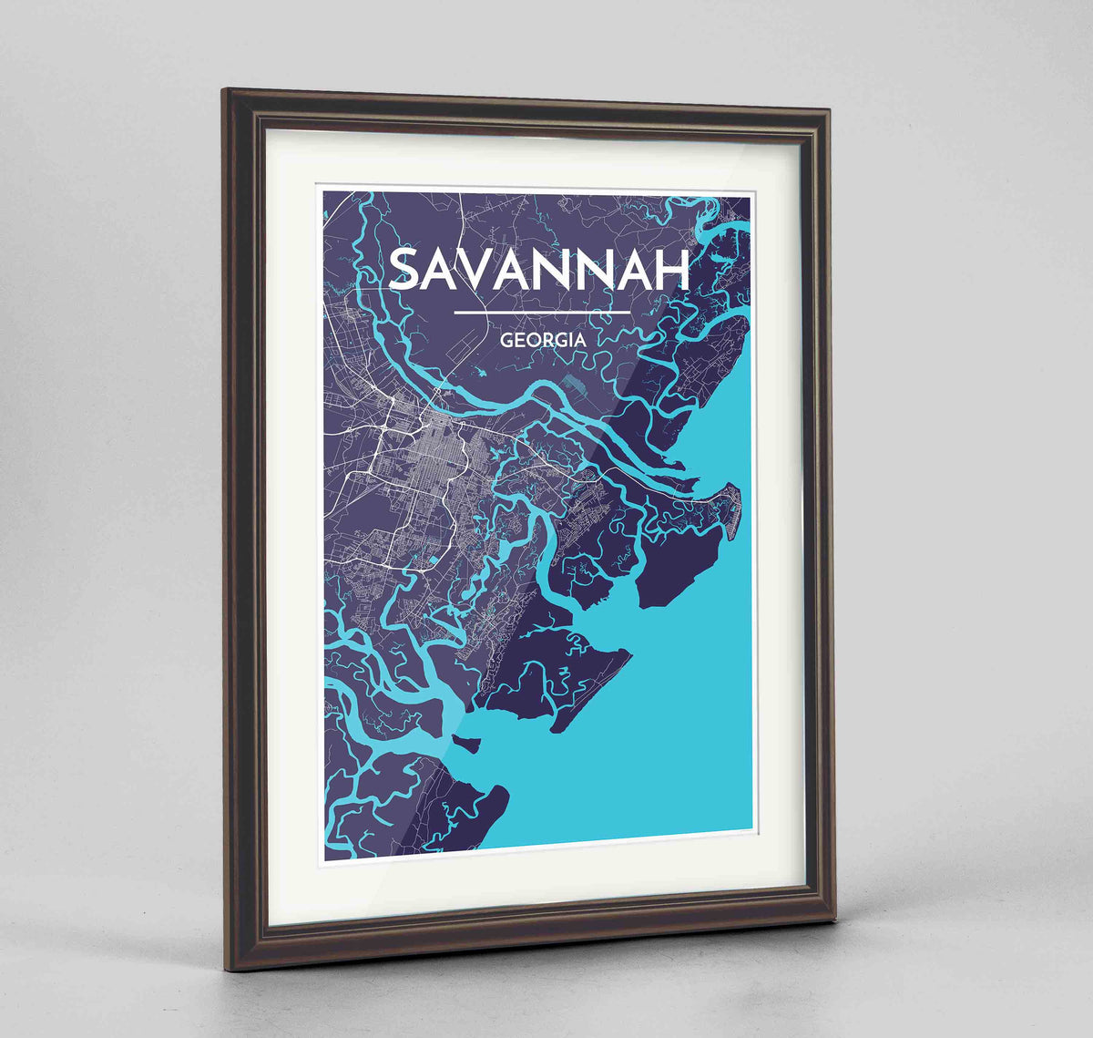Framed Savannah Map Art Print 24x36&quot; Traditional Walnut frame Point Two Design Group
