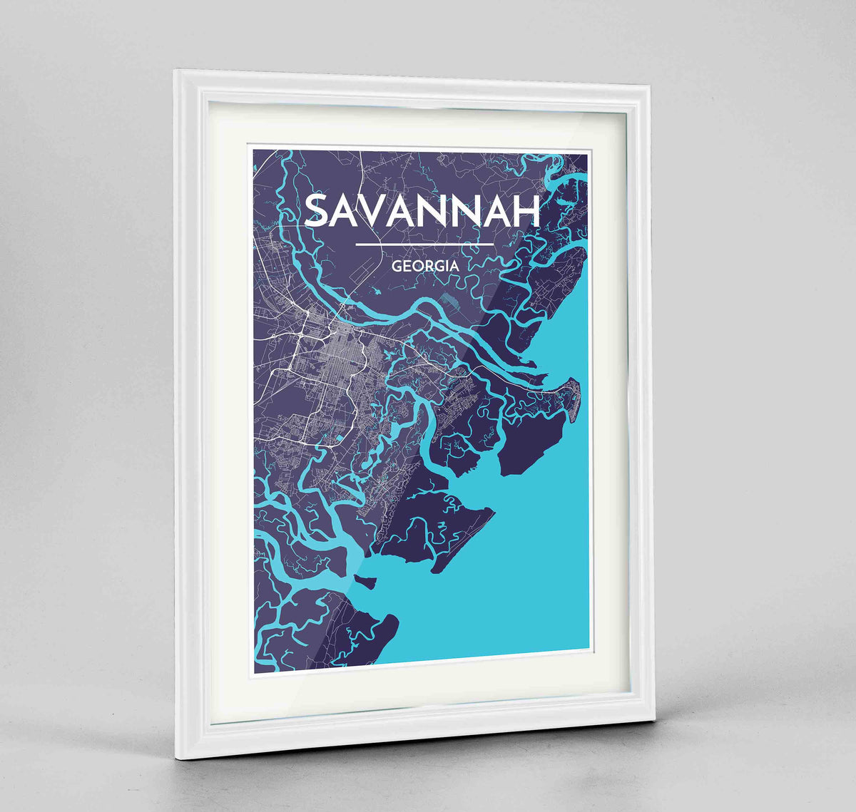 Framed Savannah Map Art Print 24x36&quot; Traditional White frame Point Two Design Group
