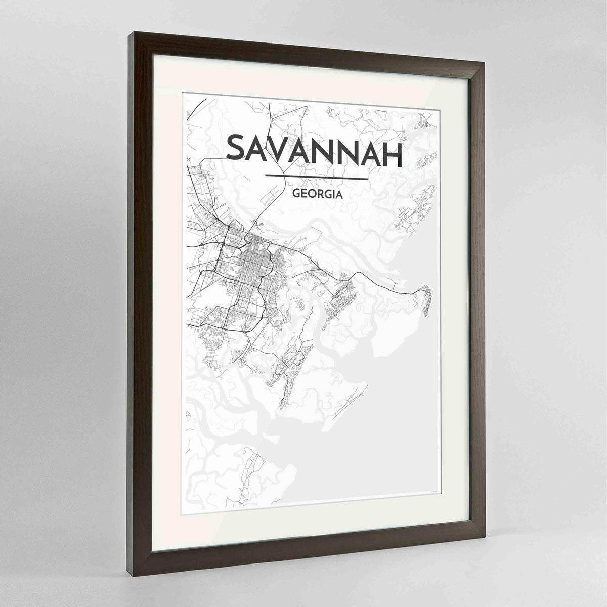 Framed Savannah Map Art Print 24x36&quot; Contemporary Walnut frame Point Two Design Group