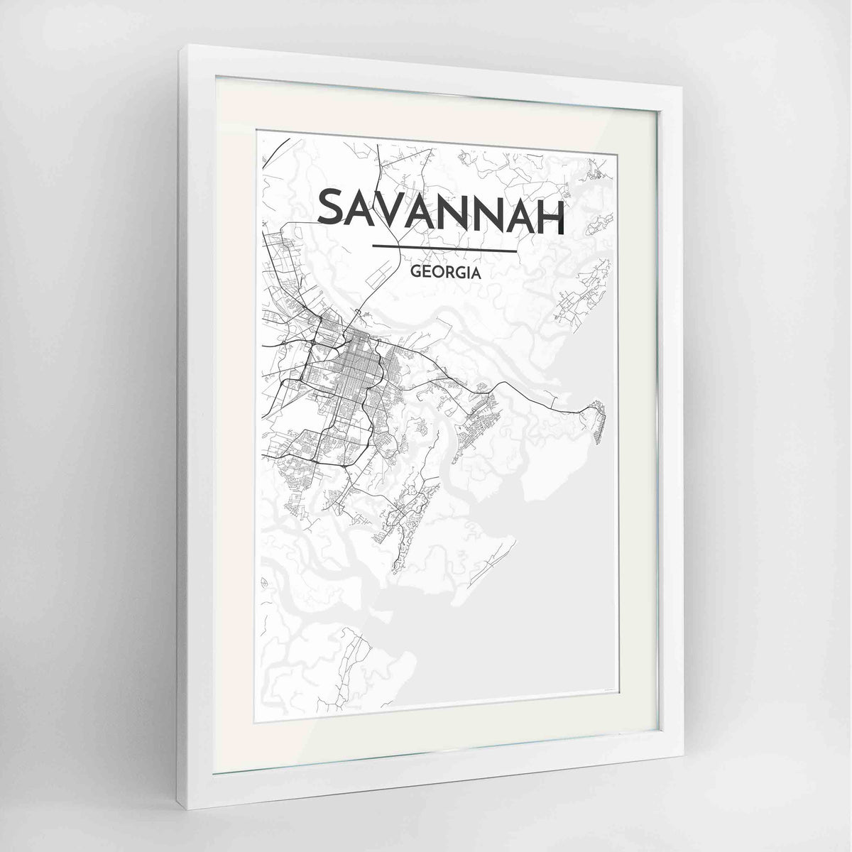 Framed Savannah Map Art Print 24x36&quot; Contemporary White frame Point Two Design Group