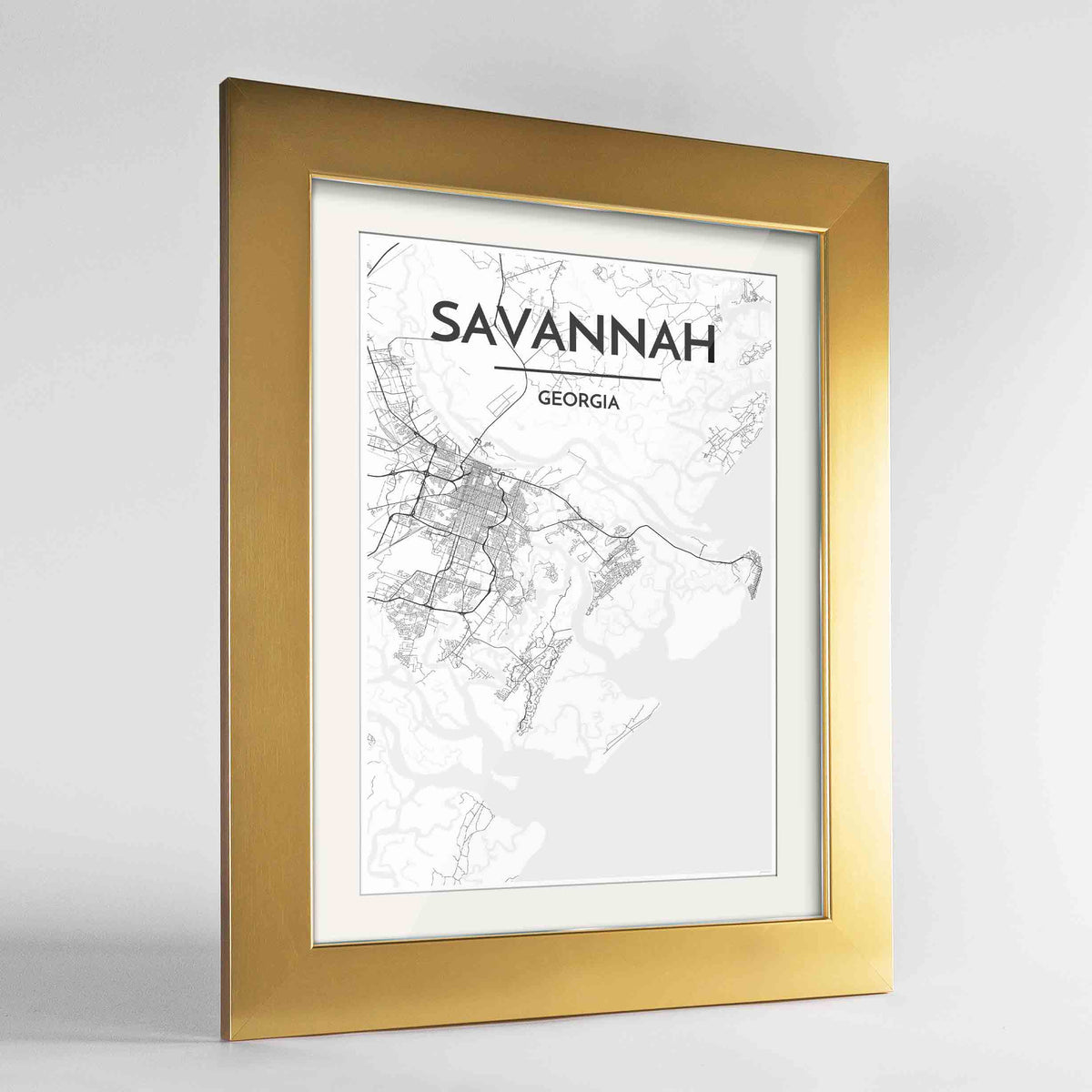 Framed Savannah Map Art Print 24x36&quot; Gold frame Point Two Design Group