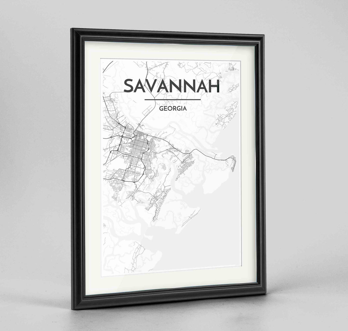 Framed Savannah Map Art Print 24x36&quot; Traditional Black frame Point Two Design Group
