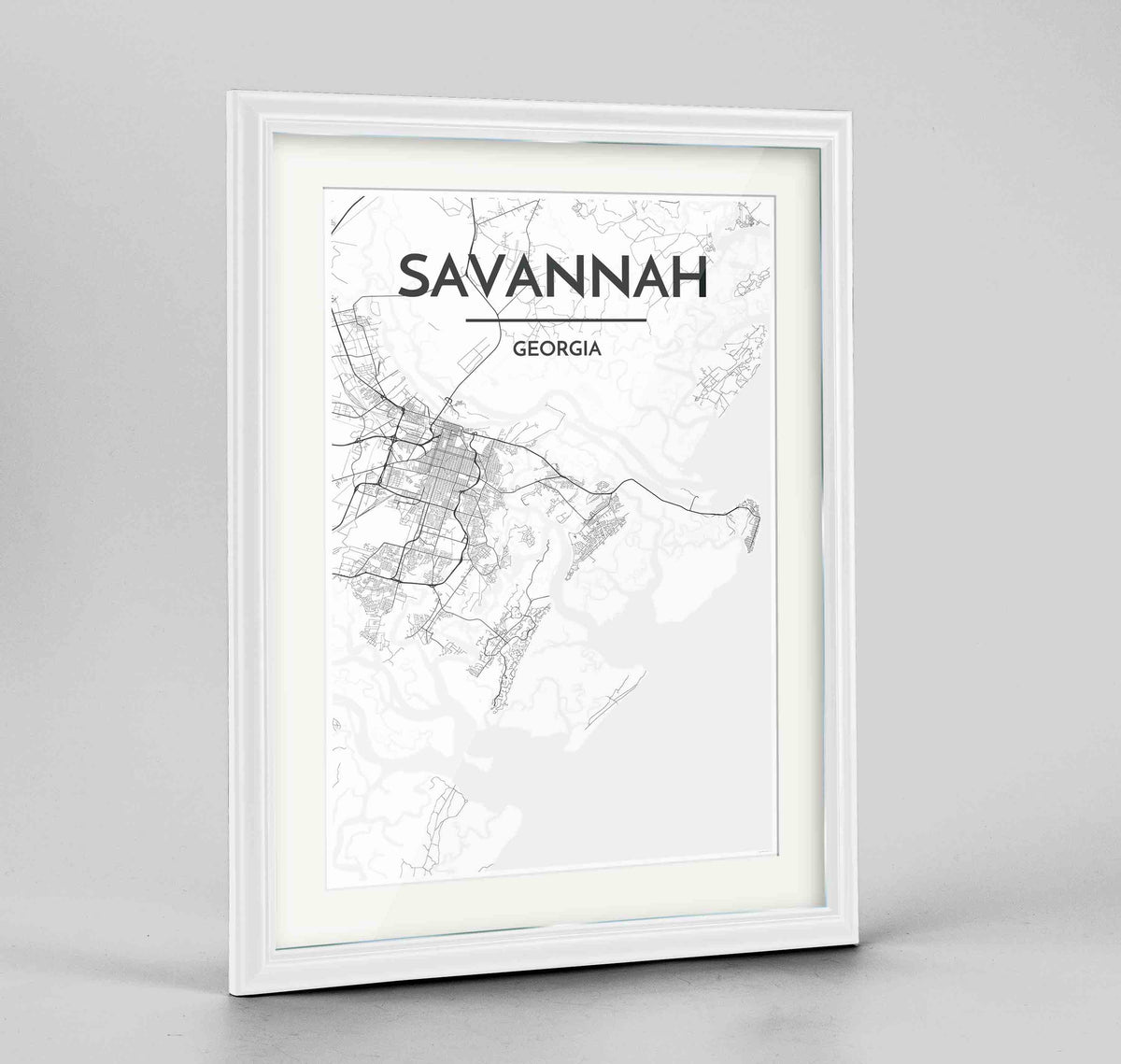 Framed Savannah Map Art Print 24x36&quot; Traditional White frame Point Two Design Group