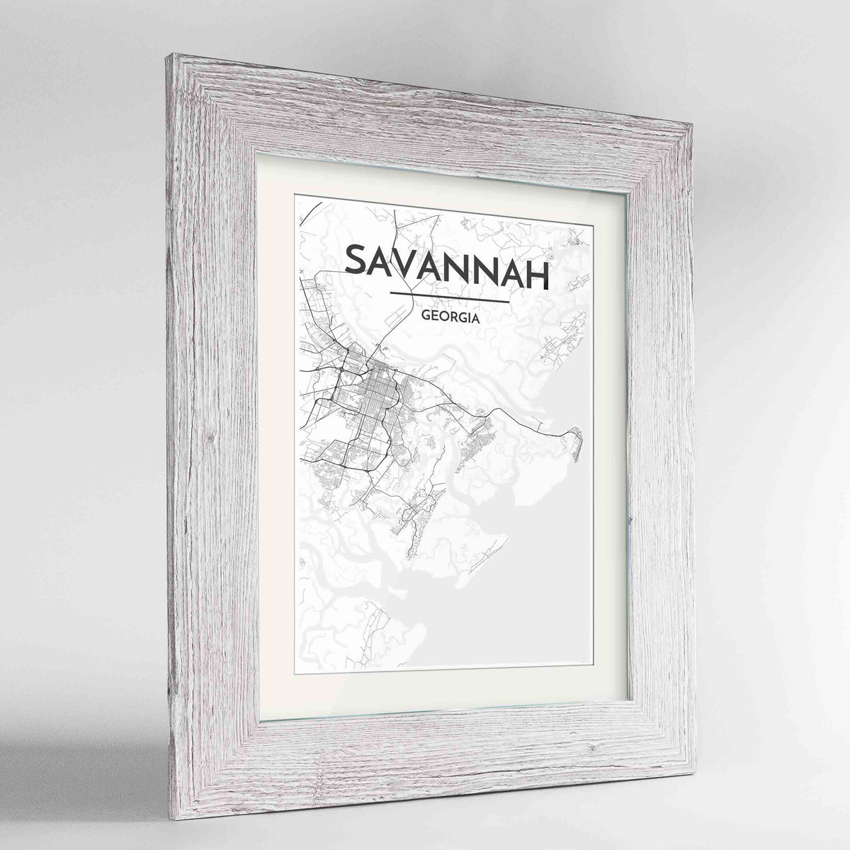 Framed Savannah Map Art Print 24x36&quot; Western White frame Point Two Design Group
