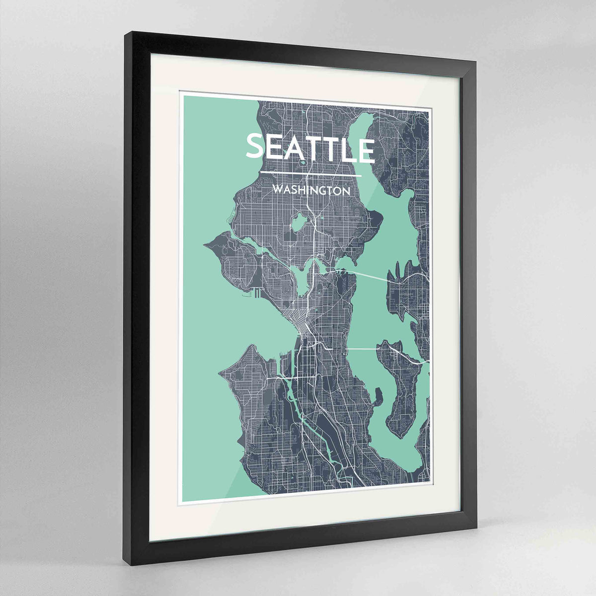 Framed Seattle Map Art Print 24x36&quot; Contemporary Black frame Point Two Design Group