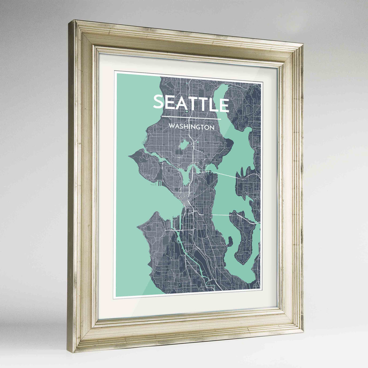 Framed Seattle Map Art Print 24x36&quot; Champagne frame Point Two Design Group
