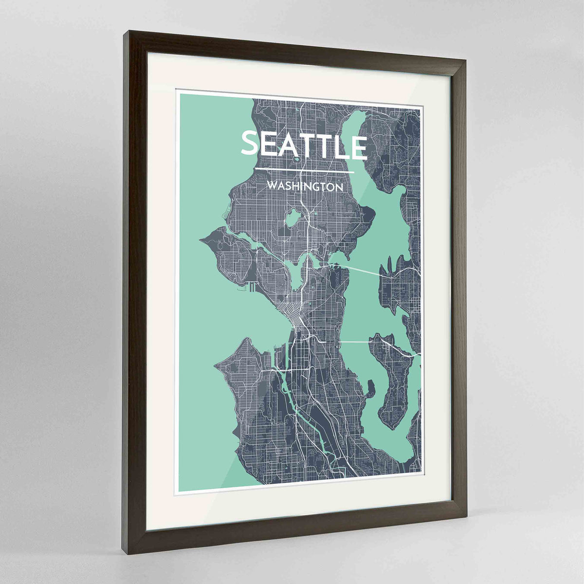 Framed Seattle Map Art Print 24x36&quot; Contemporary Walnut frame Point Two Design Group