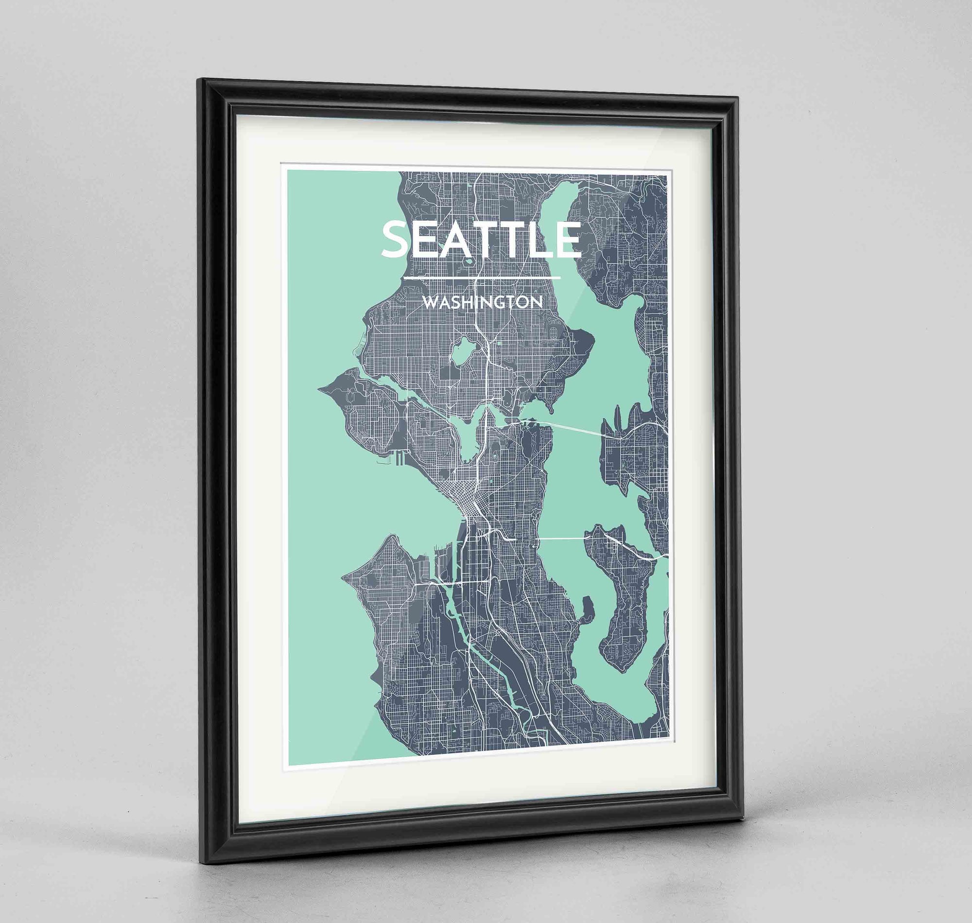 Framed Seattle Map Art Print 24x36" Traditional Black frame Point Two Design Group
