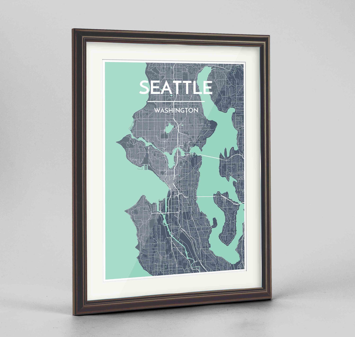 Framed Seattle Map Art Print 24x36&quot; Traditional Walnut frame Point Two Design Group