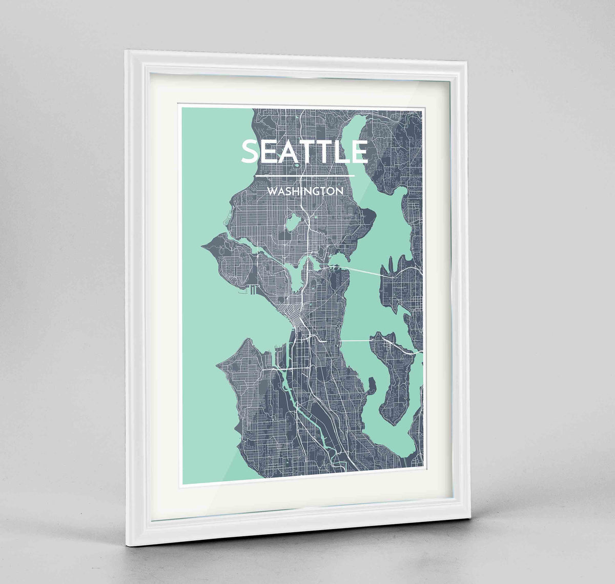 Framed Seattle Map Art Print 24x36&quot; Traditional White frame Point Two Design Group