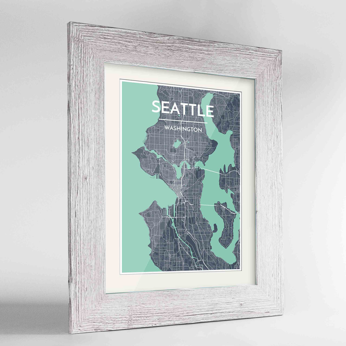 Framed Seattle Map Art Print 24x36&quot; Western White frame Point Two Design Group