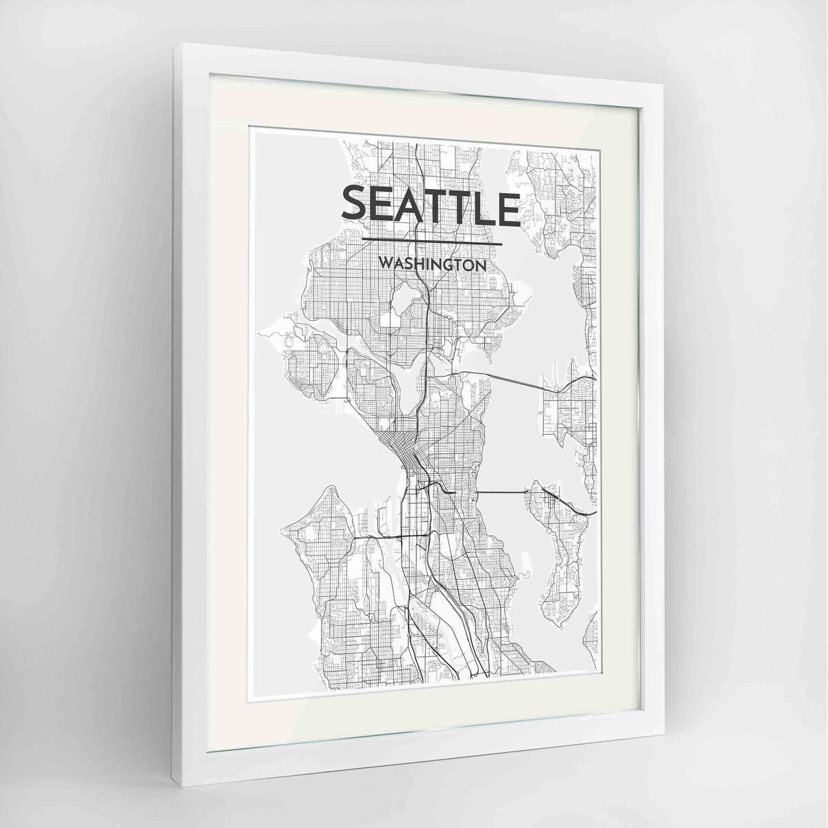 Framed Seattle Map Art Print 24x36&quot; Contemporary White frame Point Two Design Group