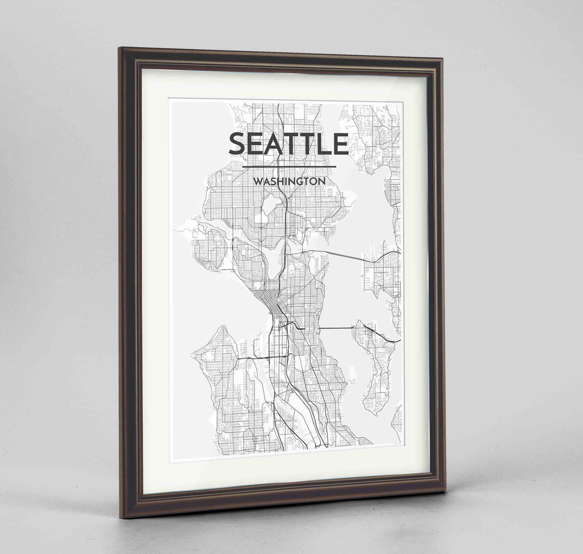 Framed Seattle Map Art Print 24x36&quot; Traditional Walnut frame Point Two Design Group