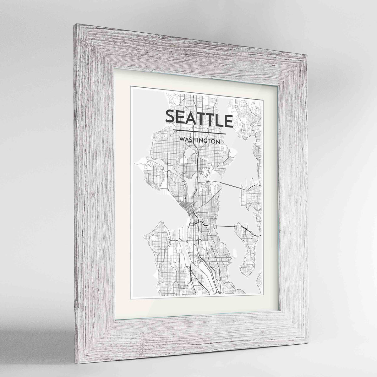 Framed Seattle Map Art Print 24x36&quot; Western White frame Point Two Design Group