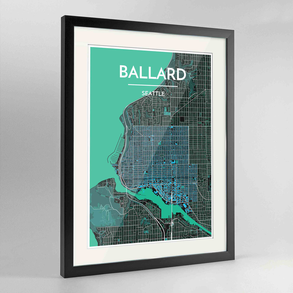 Framed Seattle Ballard Neighbourhood Map Art Print 24x36&quot; Contemporary Black frame Point Two Design Group