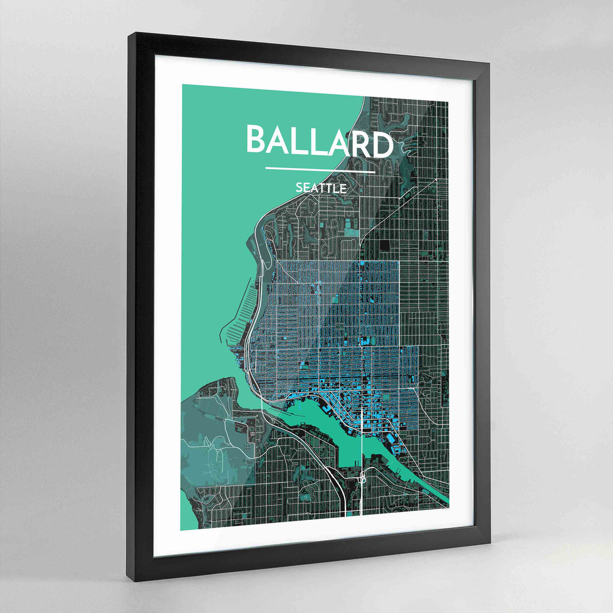Framed Seattle Ballard Neighbourhood City Map Art Print - Point Two Design