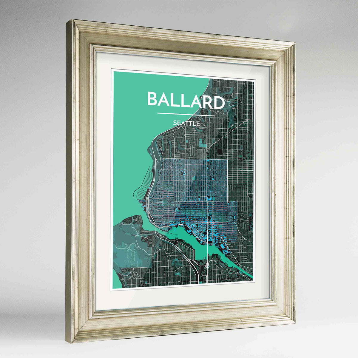 Framed Seattle Ballard Neighbourhood Map Art Print 24x36&quot; Champagne frame Point Two Design Group