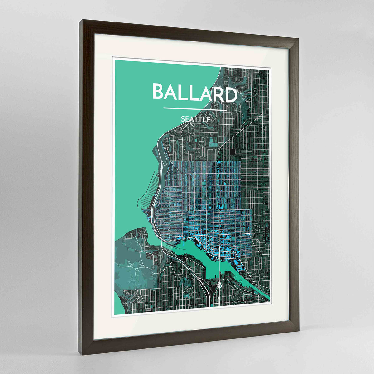 Framed Seattle Ballard Neighbourhood Map Art Print 24x36&quot; Contemporary Walnut frame Point Two Design Group