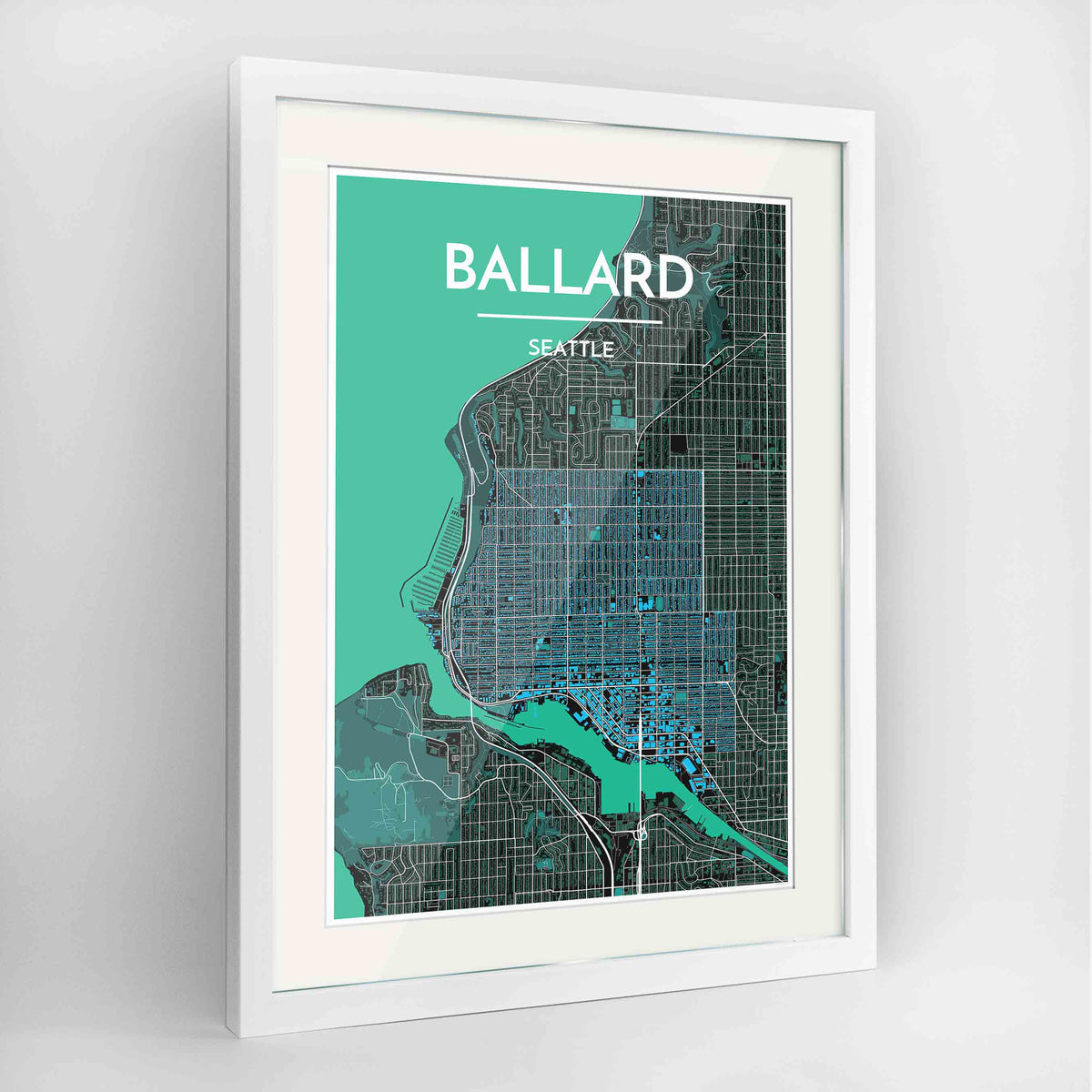Framed Seattle Ballard Neighbourhood Map Art Print 24x36&quot; Contemporary White frame Point Two Design Group