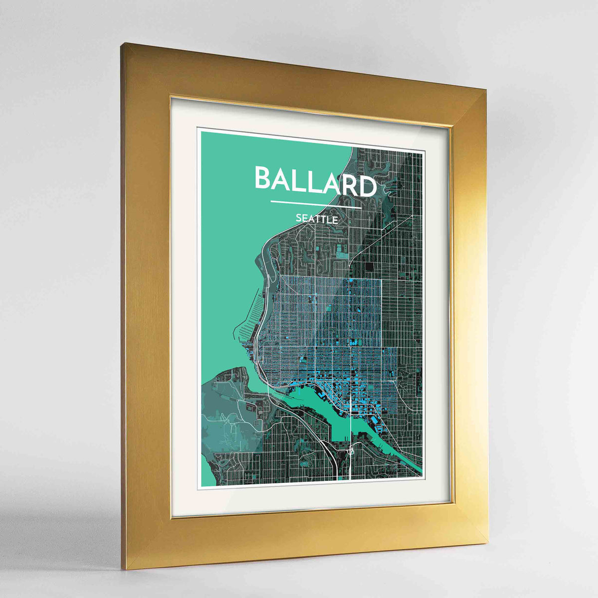 Framed Seattle Ballard Neighbourhood Map Art Print 24x36&quot; Gold frame Point Two Design Group