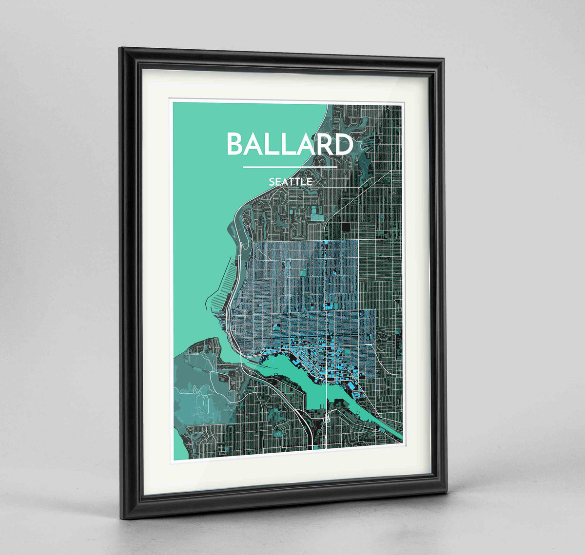 Framed Seattle Ballard Neighbourhood Map Art Print 24x36&quot; Traditional Black frame Point Two Design Group