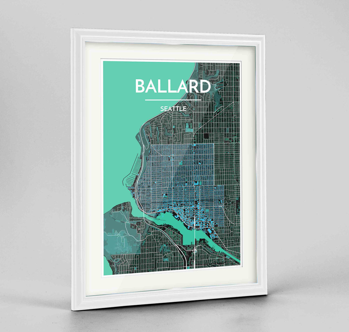 Framed Seattle Ballard Neighbourhood Map Art Print 24x36&quot; Traditional White frame Point Two Design Group