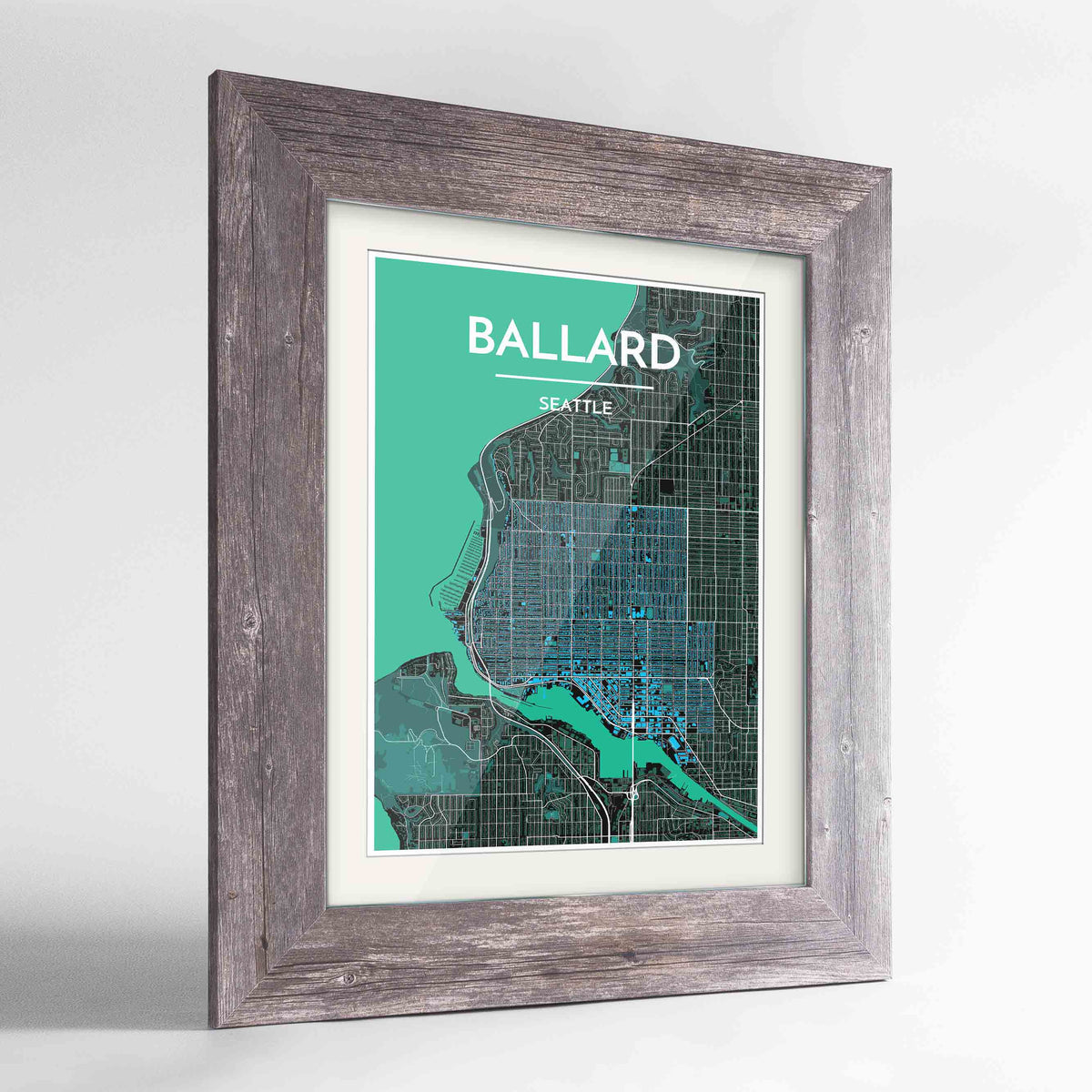 Framed Seattle Ballard Neighbourhood Map Art Print 24x36&quot; Western Grey frame Point Two Design Group