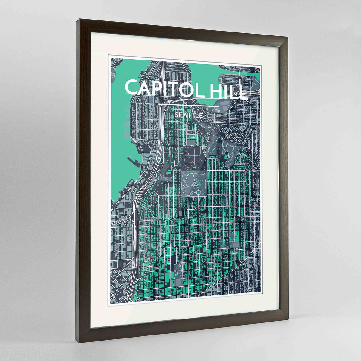 Framed Seattle Ballard Neighbourhood Map Art Print 24x36&quot; Contemporary Walnut frame Point Two Design Group
