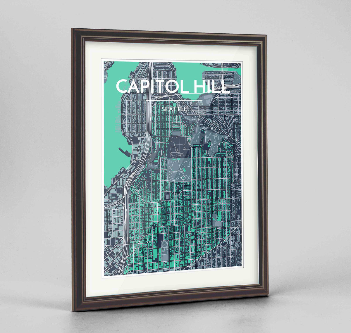 Framed Seattle Ballard Neighbourhood Map Art Print 24x36&quot; Traditional Walnut frame Point Two Design Group