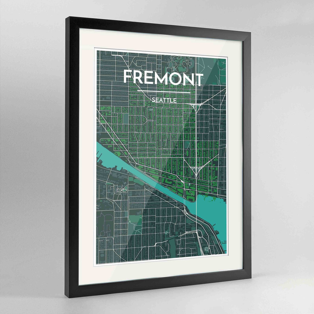Framed Fremont Seattle Map Art Print 24x36&quot; Contemporary Black frame Point Two Design Group