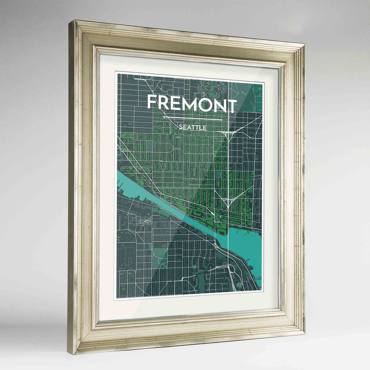 Framed Fremont Seattle Map Art Print 24x36&quot; Champagne frame Point Two Design Group